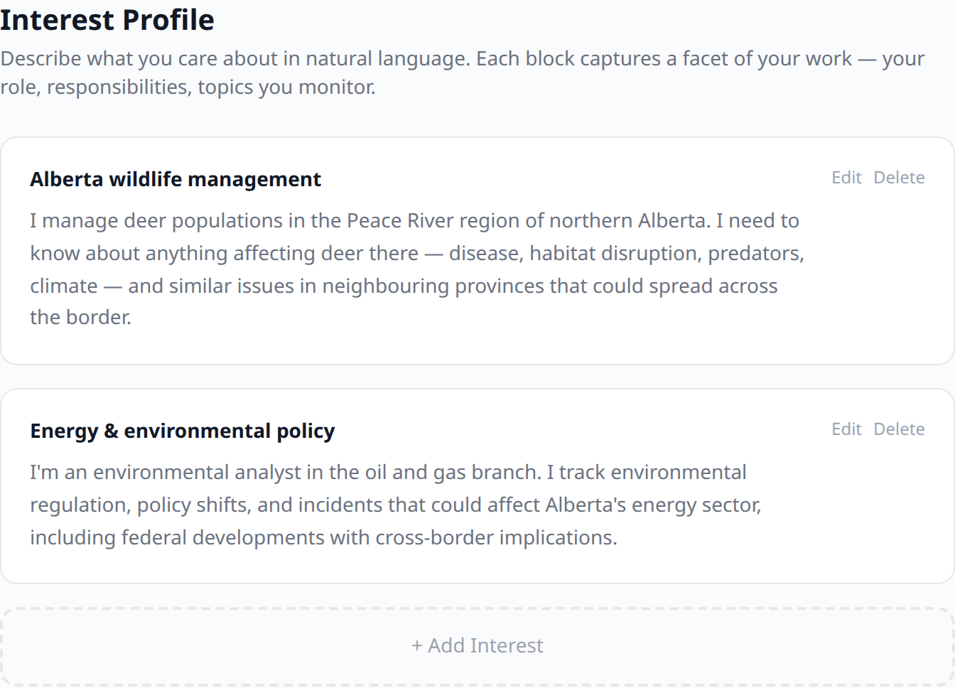 Briefer interest-profile editor describing monitored topics in natural language