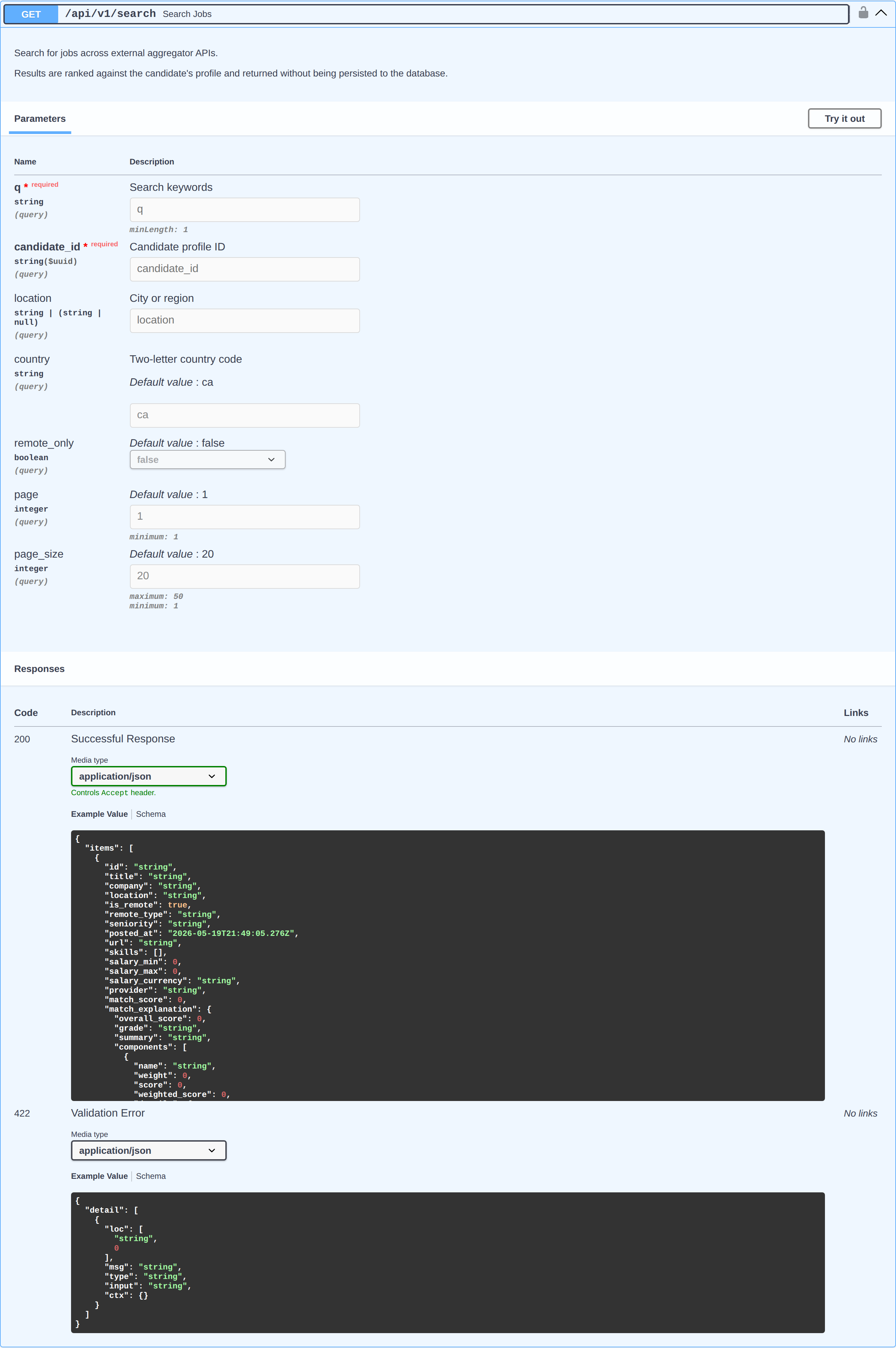 The /api/v1/search endpoint: query parameters and an example response showing each job with a match_score and a match_explanation containing the overall score, grade, summary, and per-component breakdown